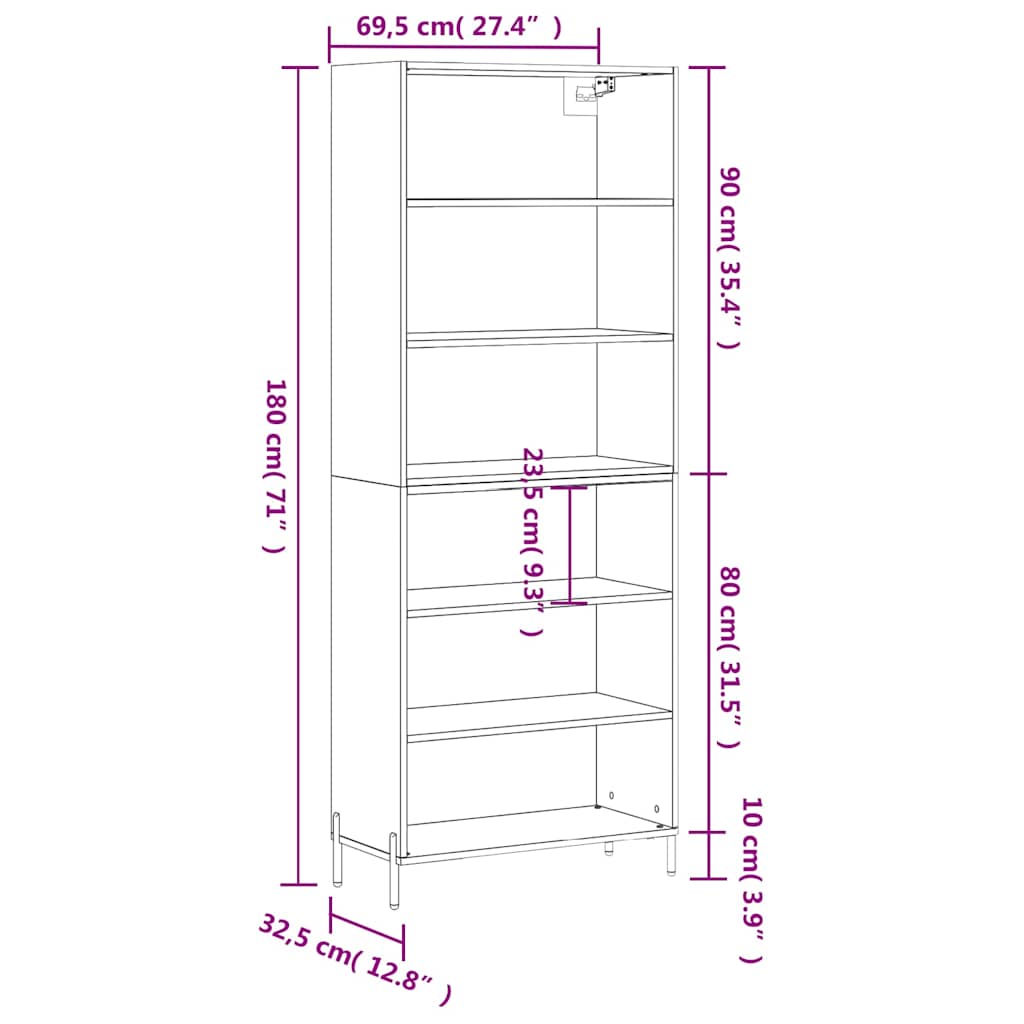 Highboard Schwarz 69,5x32,5x180 cm Holzwerkstoff
