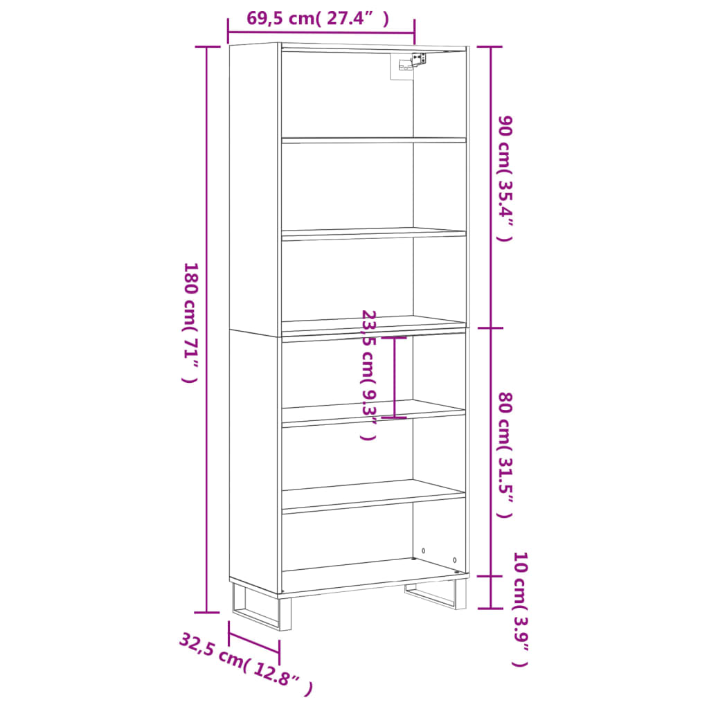 Highboard Hochglanz-Weiß 69,5x32,5x180 cm Holzwerkstoff