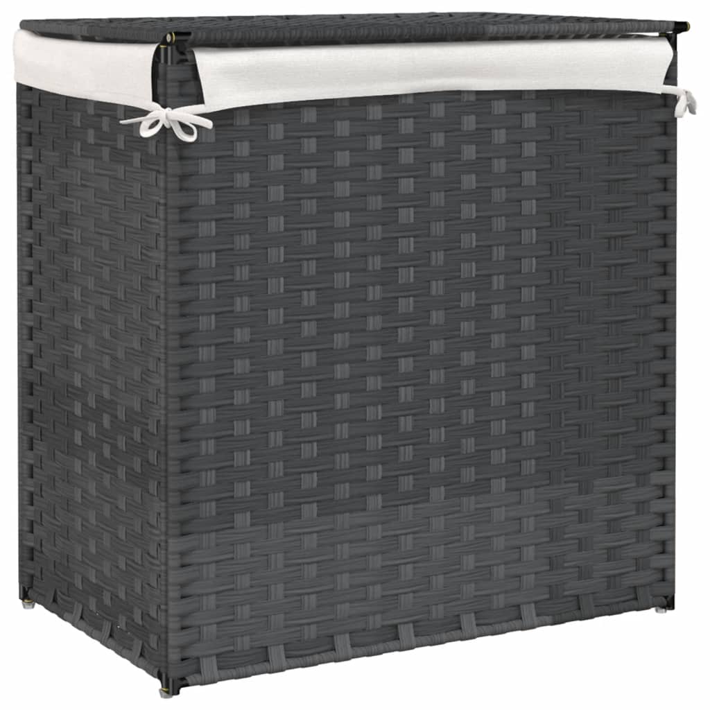 Wäschekorb mit 2 Fächern Grau 53x35x57 cm Poly Rattan