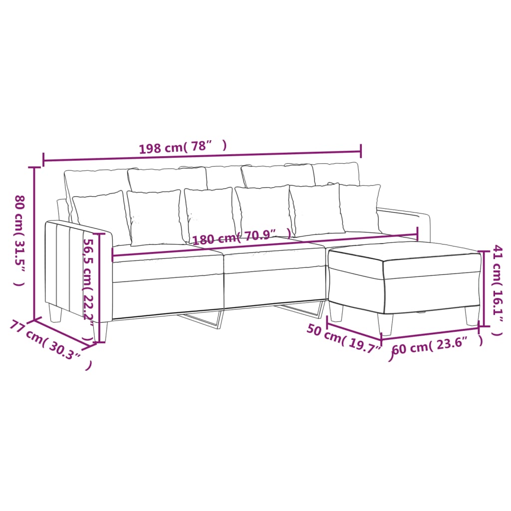 3-Sitzer-Sofa mit Hocker Braun 180 cm Stoff