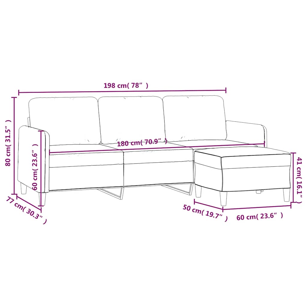 3-Sitzer-Sofa mit Hocker Creme 180 cm Samt