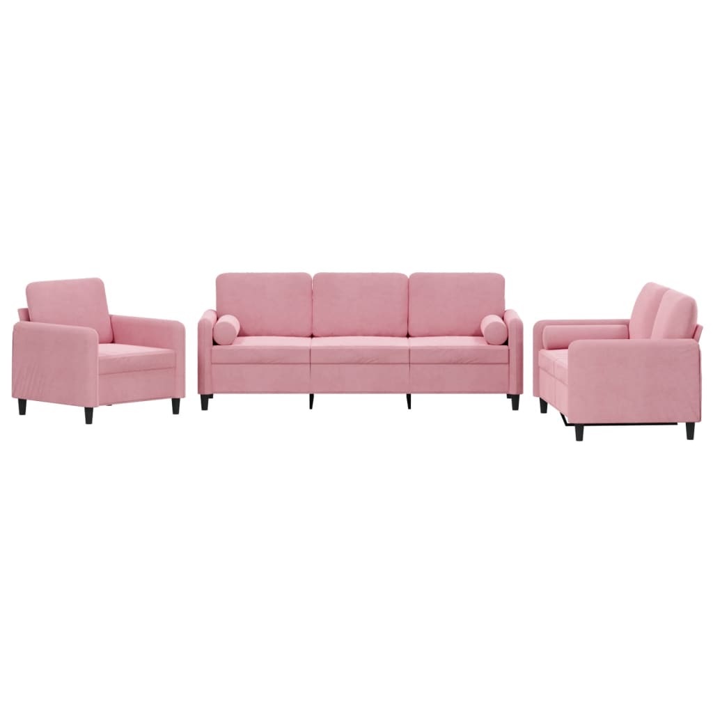 3-tlg. Sofagarnitur mit Kissen Rosa Samt