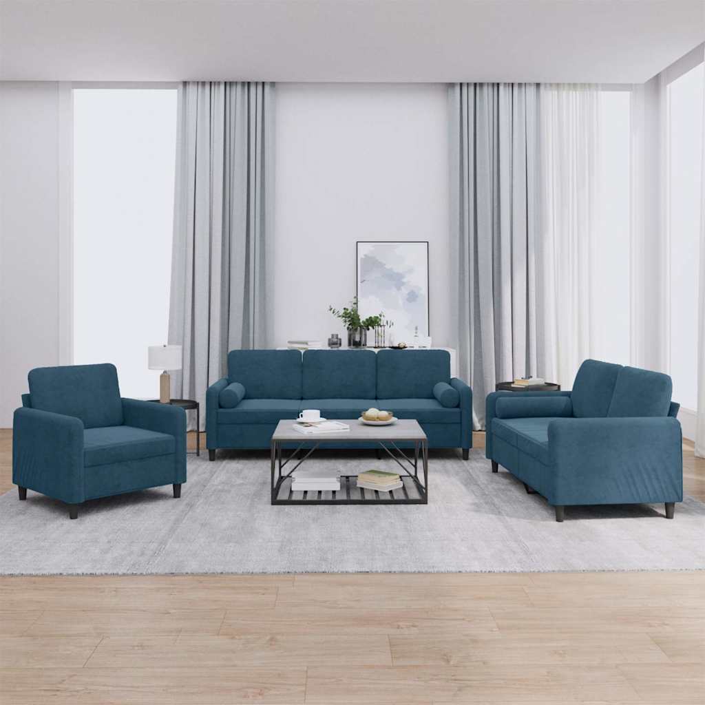 3-tlg. Sofagarnitur mit Kissen Blau Samt