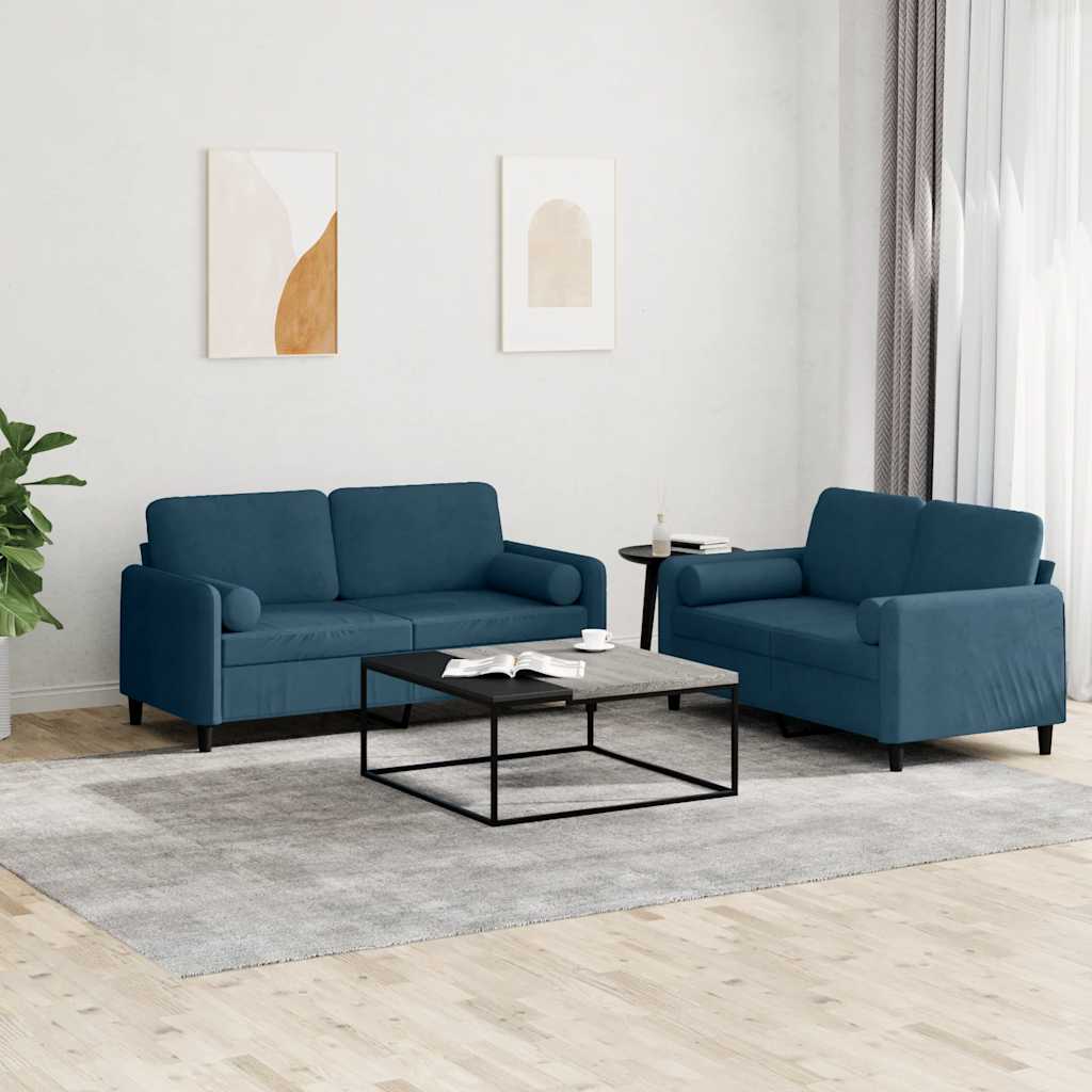 2-tlg. Sofagarnitur mit Kissen Blau Samt