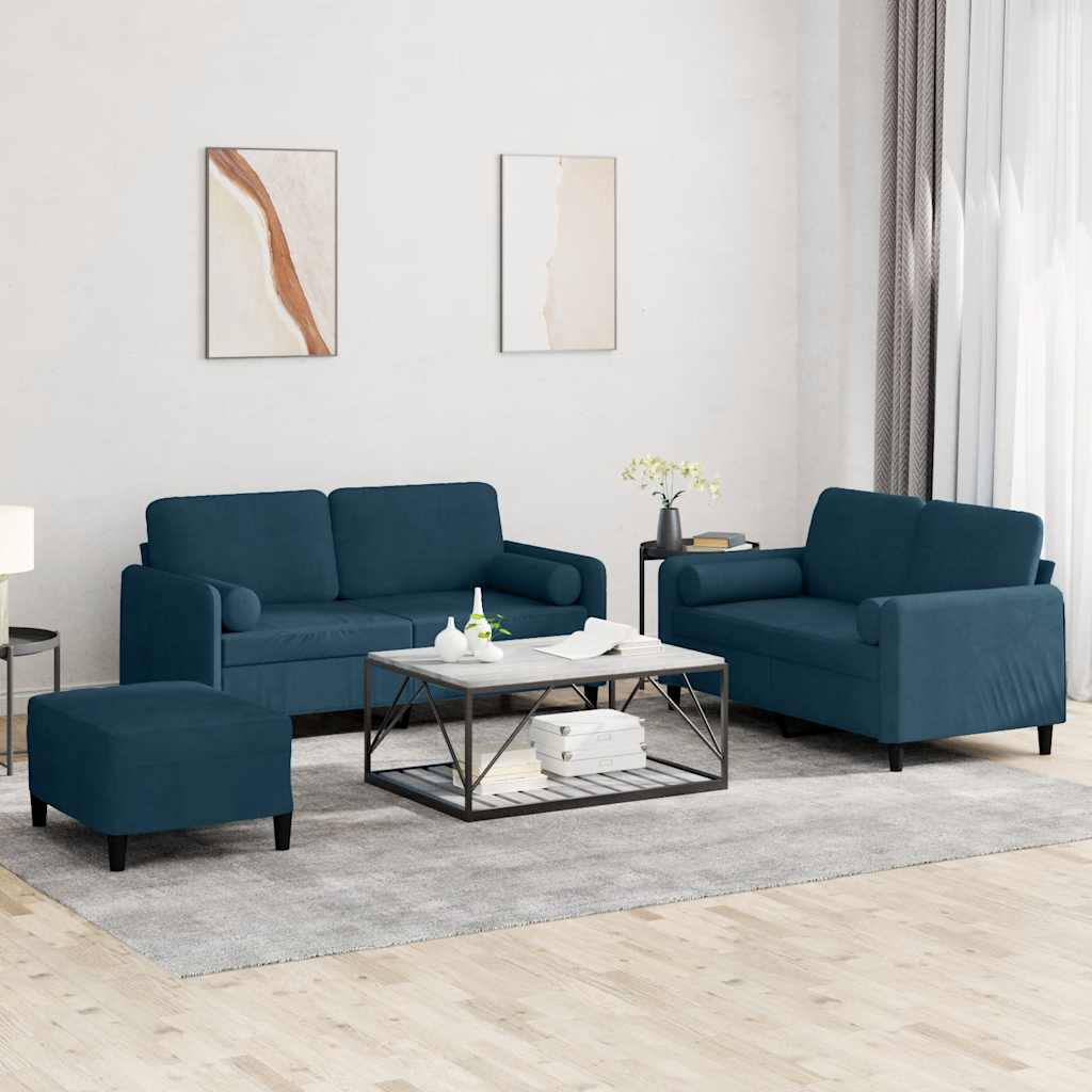 3-tlg. Sofagarnitur mit Kissen Blau Samt