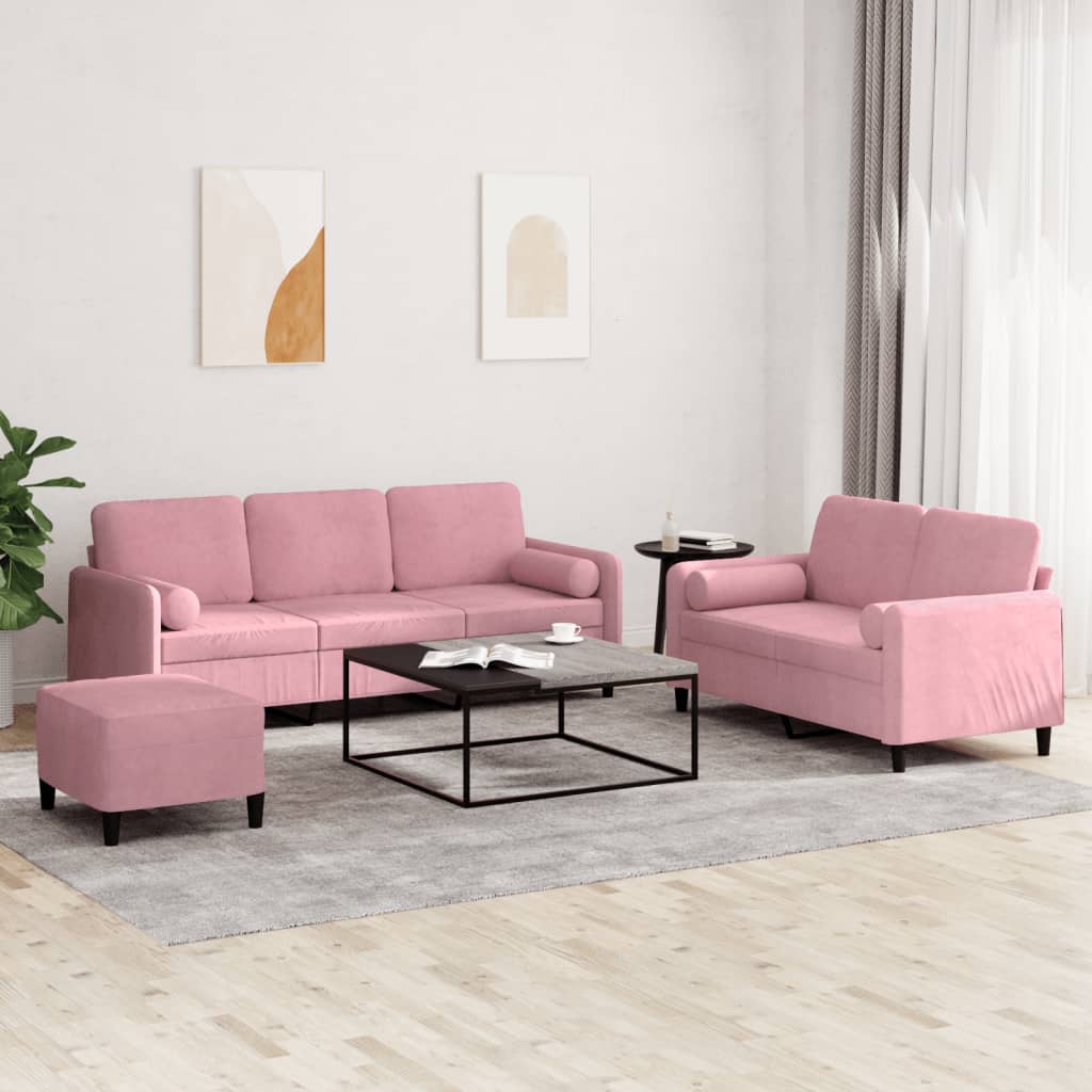 3-tlg. Sofagarnitur mit Kissen Rosa Samt