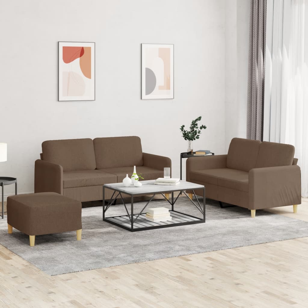 3-tlg. Sofagarnitur mit Kissen Braun Stoff