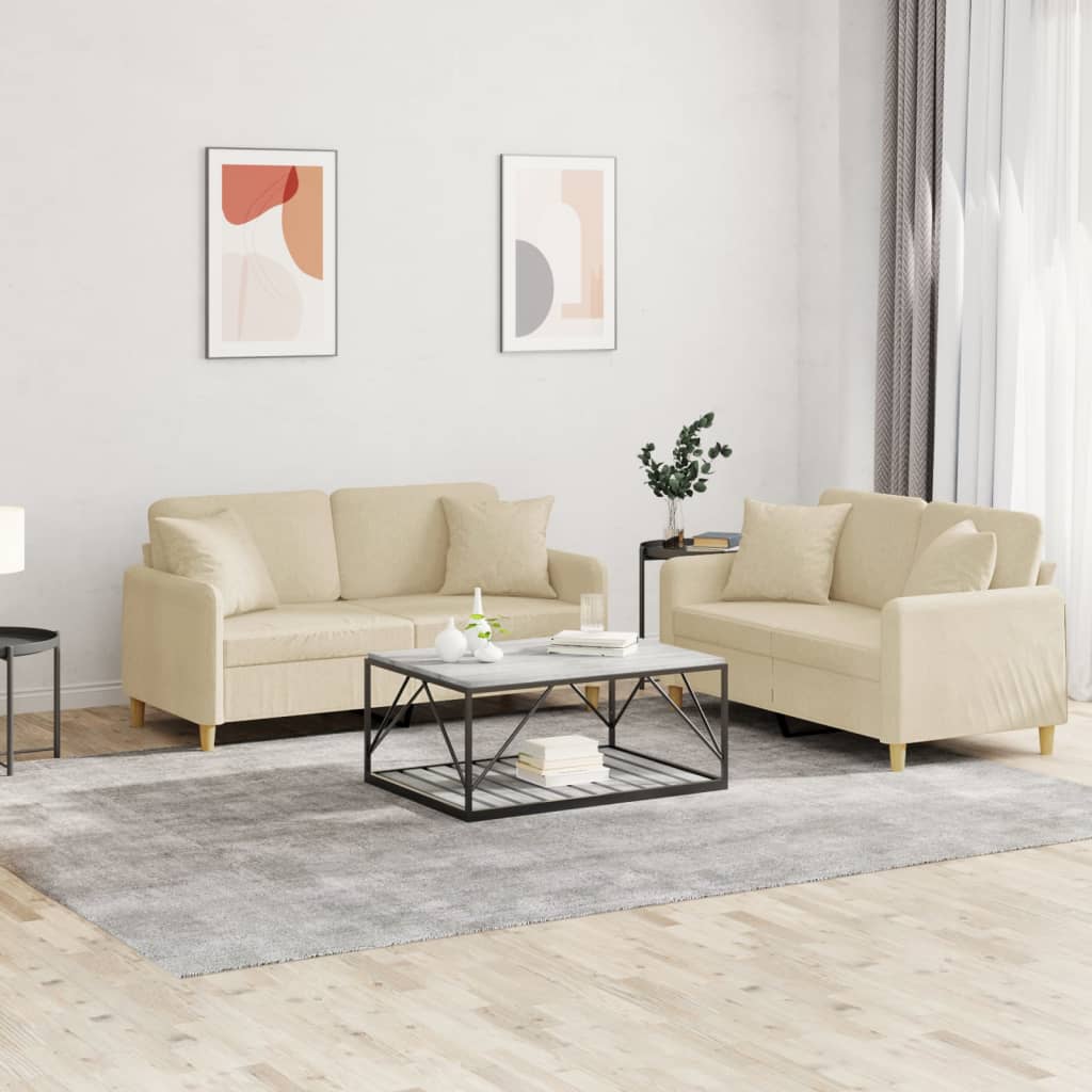 2-tlg. Sofagarnitur mit Kissen Creme Stoff
