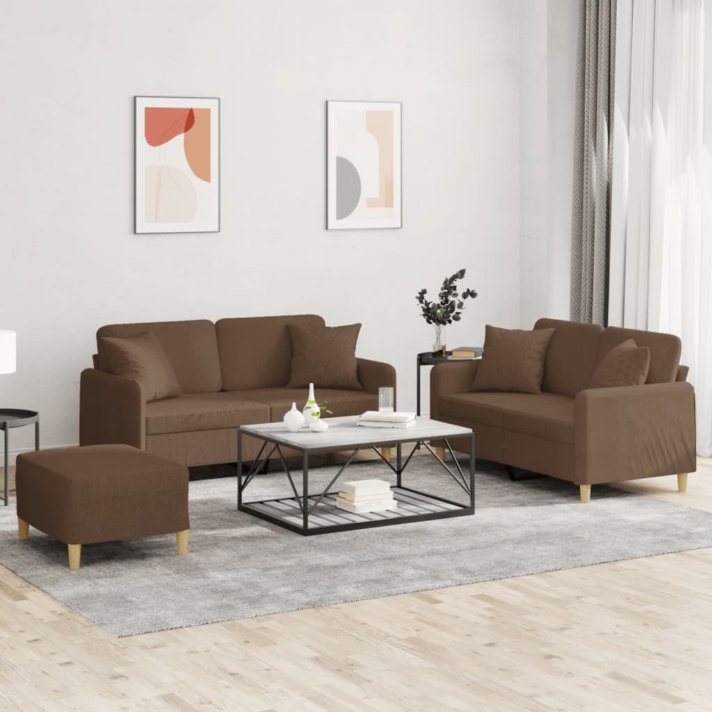 3-tlg. Sofagarnitur mit Kissen Braun Stoff