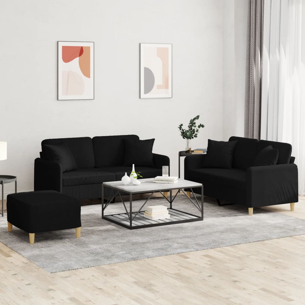 3-tlg. Sofagarnitur mit Kissen Schwarz Stoff