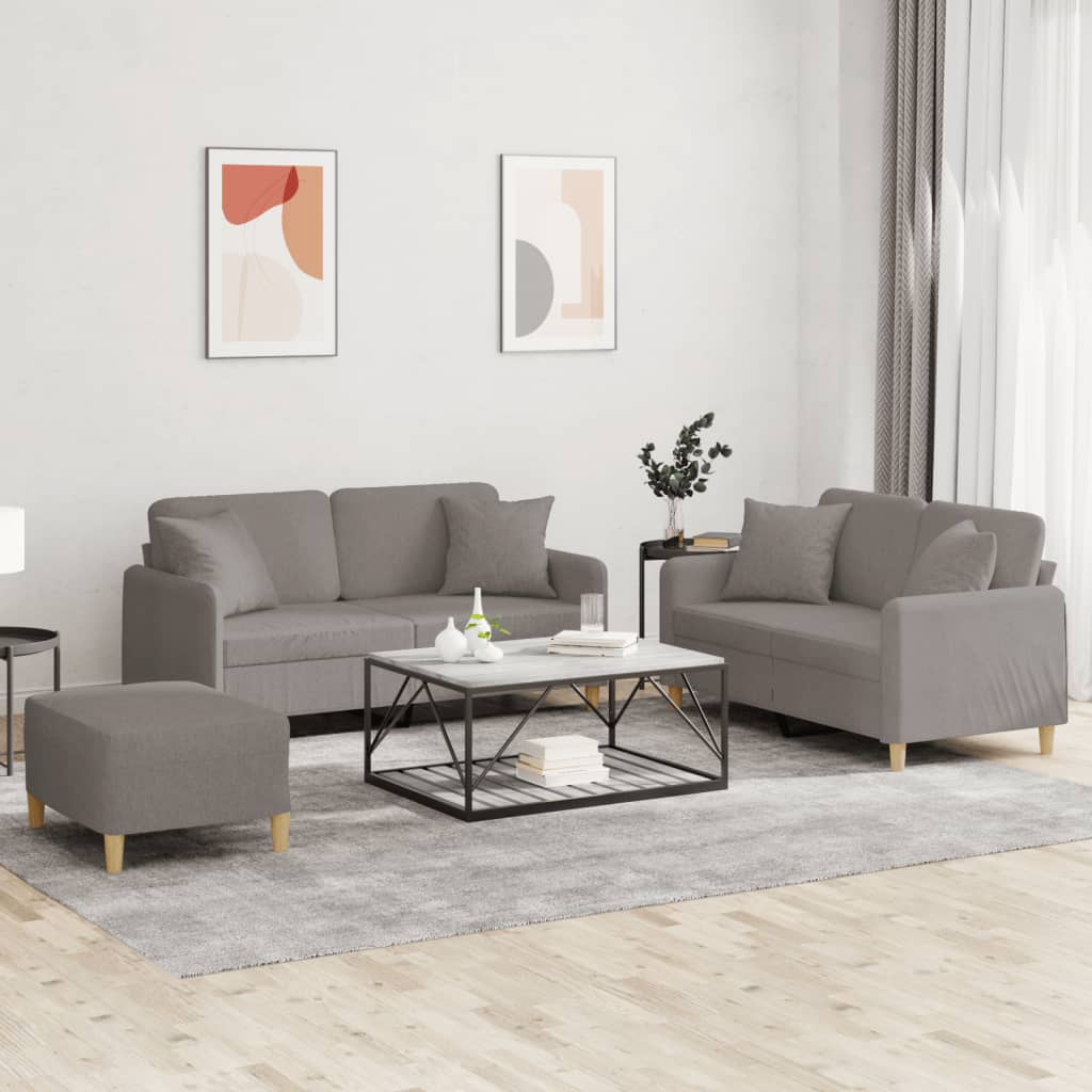 3-tlg. Sofagarnitur mit Kissen Taupe Stoff