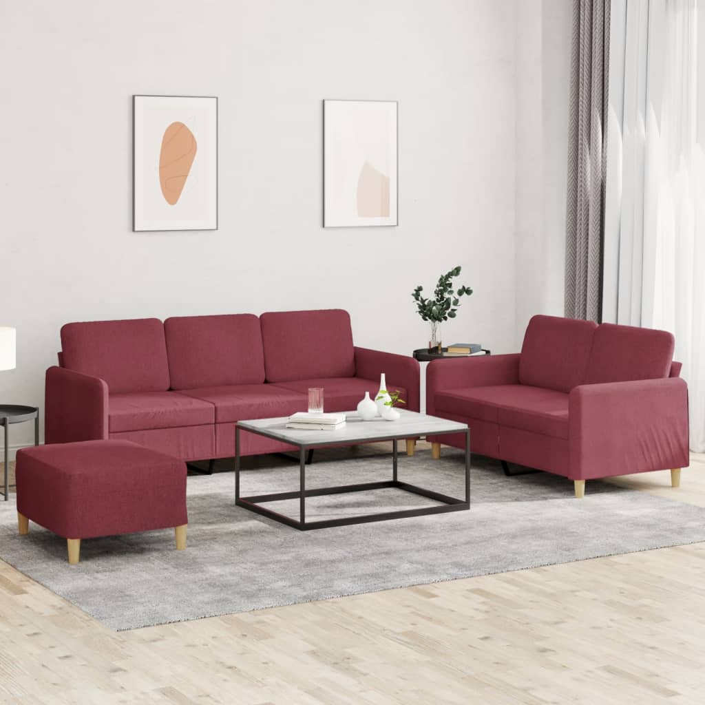 3-tlg. Sofagarnitur mit Kissen Weinrot Stoff