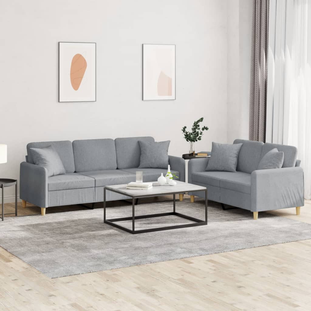 2-tlg. Sofagarnitur mit Kissen Hellgrau Stoff