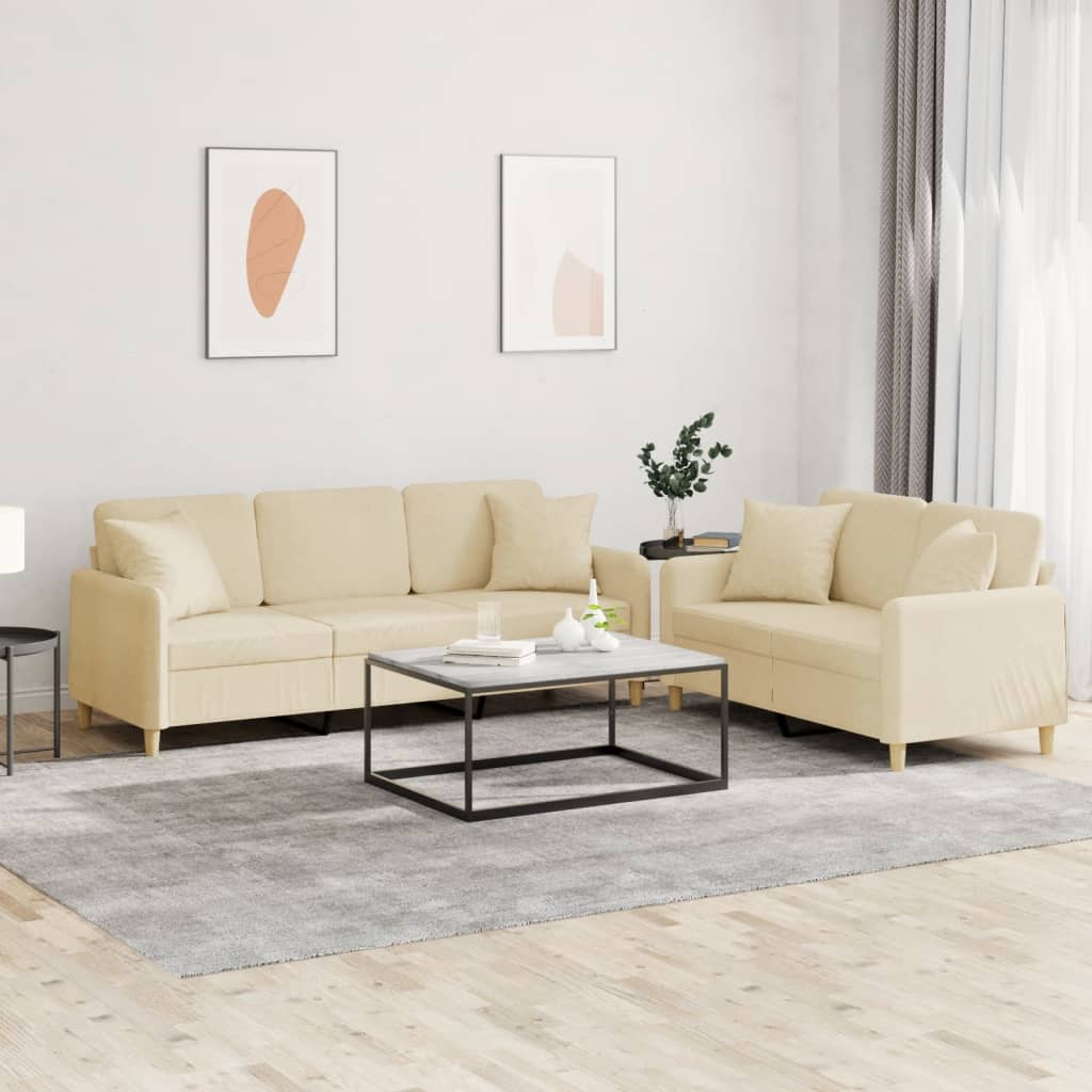 2-tlg. Sofagarnitur mit Kissen Creme Stoff