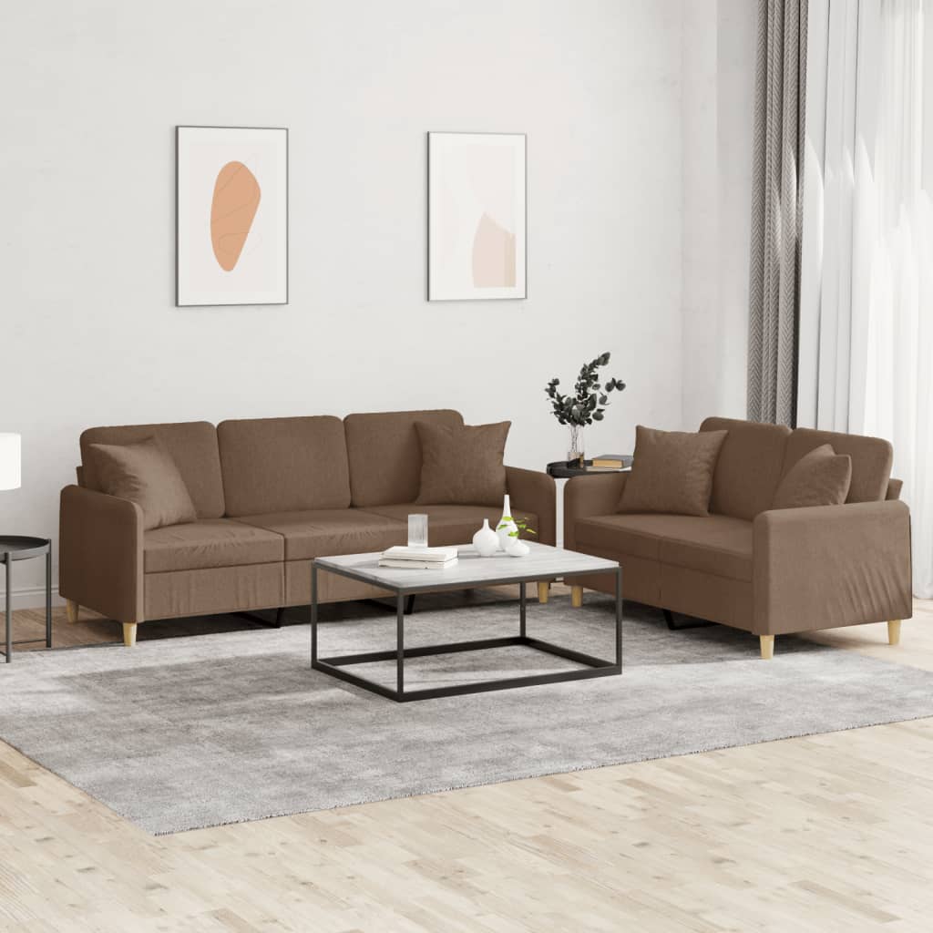 2-tlg. Sofagarnitur mit Kissen Braun Stoff