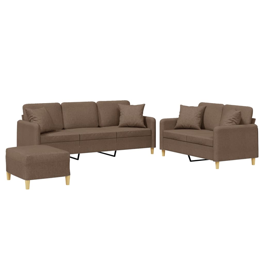 3-tlg. Sofagarnitur mit Kissen Braun Stoff