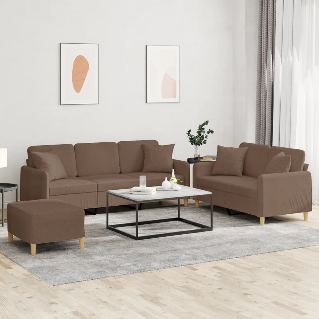 3-tlg. Sofagarnitur mit Kissen Braun Stoff