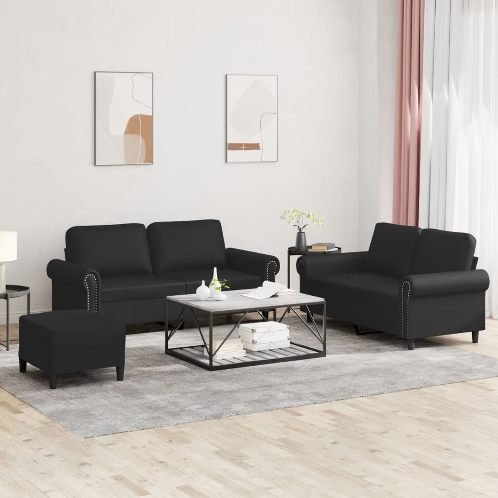 3-tlg. Sofagarnitur mit Kissen Schwarz Kunstleder