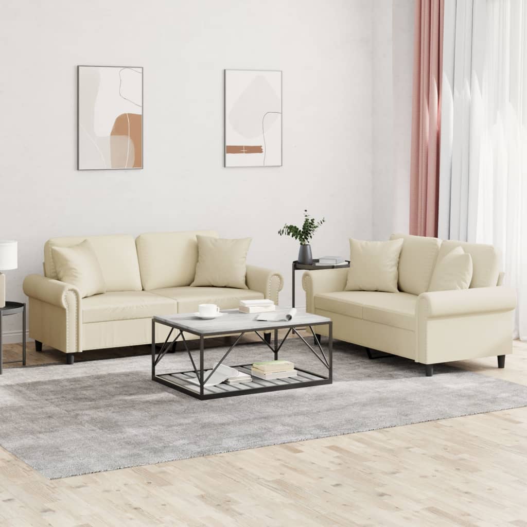 2-tlg. Sofagarnitur mit Kissen Creme Kunstleder