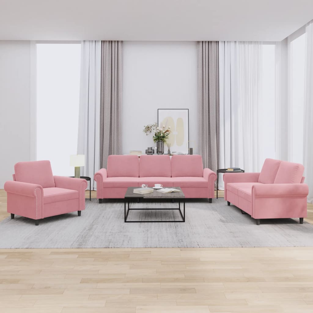 3-tlg. Sofagarnitur mit Kissen Rosa Samt