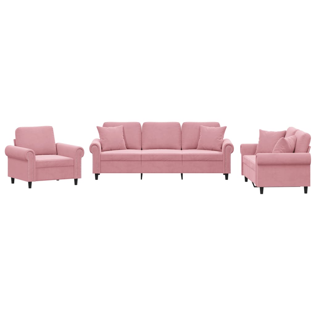 3-tlg. Sofagarnitur mit Kissen Rosa Samt