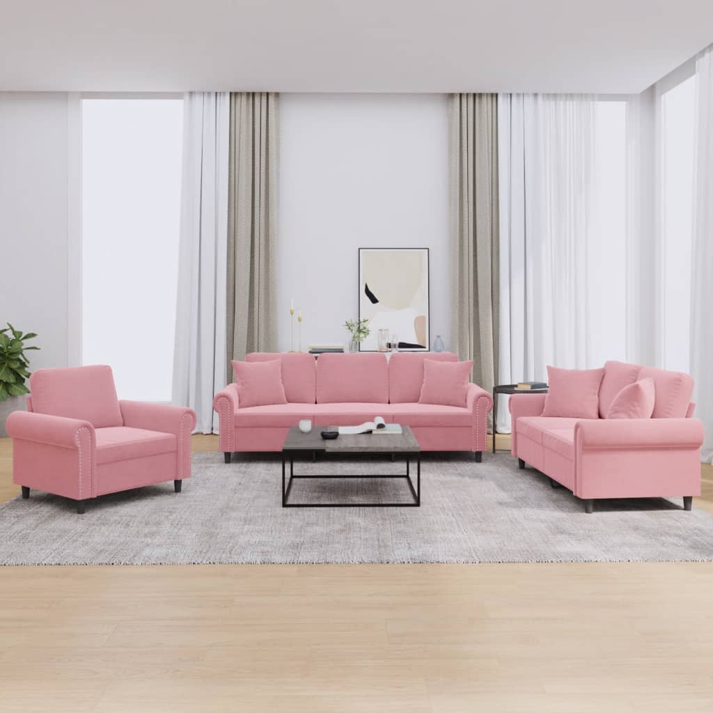 3-tlg. Sofagarnitur mit Kissen Rosa Samt