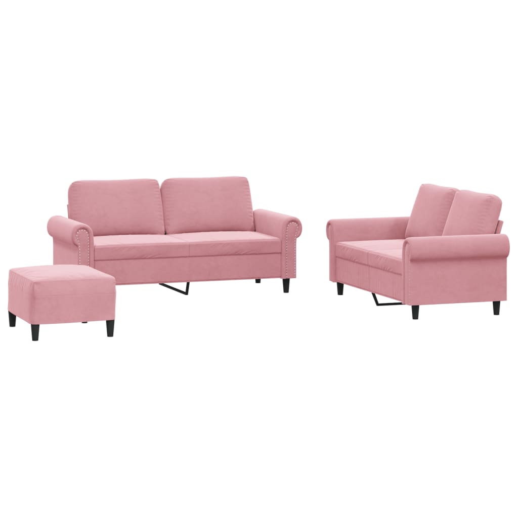 3-tlg. Sofagarnitur mit Kissen Rosa Samt