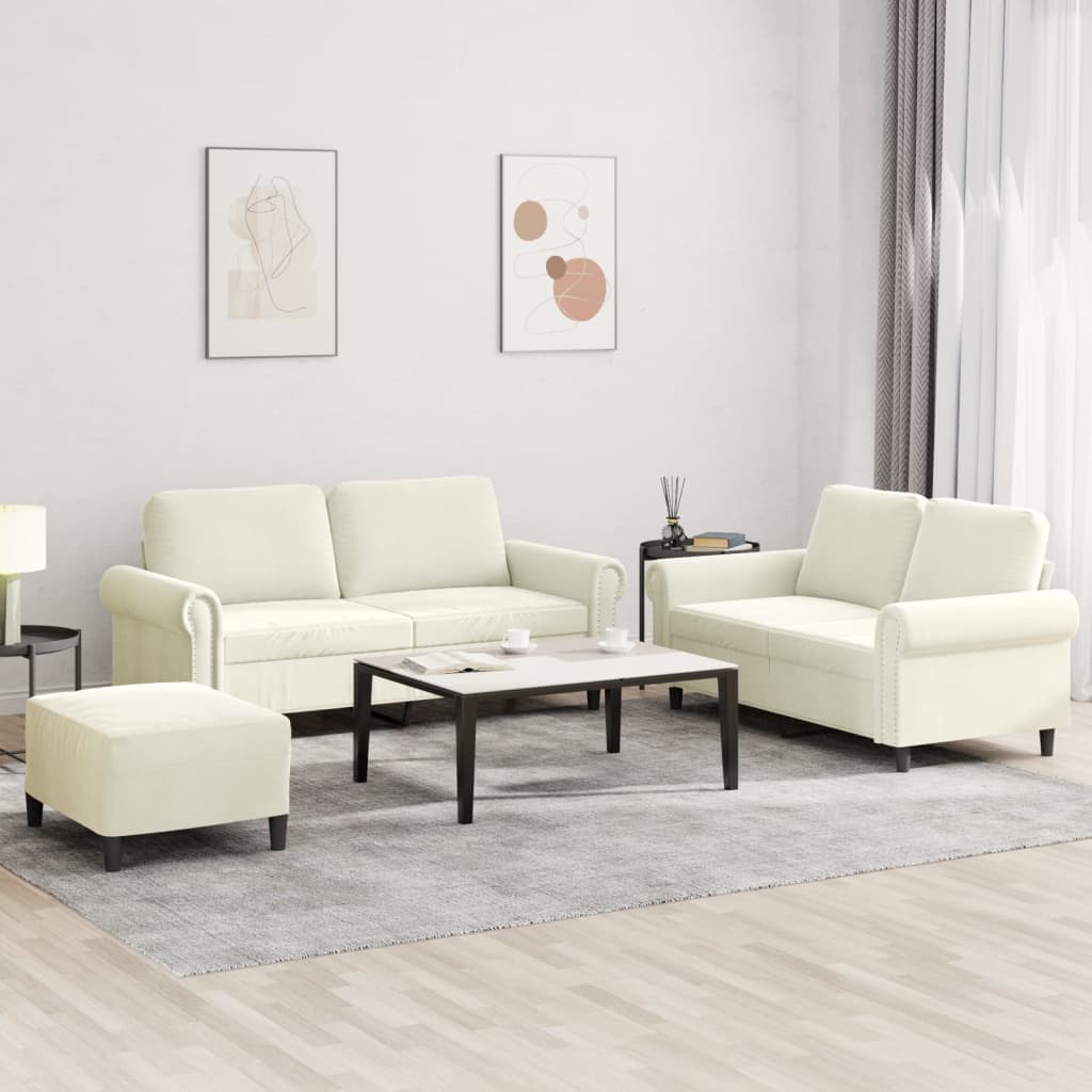 3-tlg. Sofagarnitur mit Kissen Creme Samt