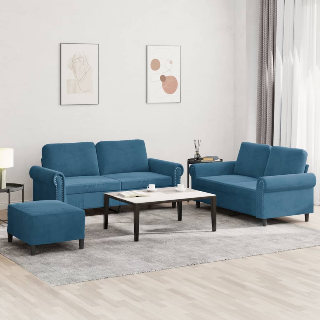 3-tlg. Sofagarnitur mit Kissen Blau Samt