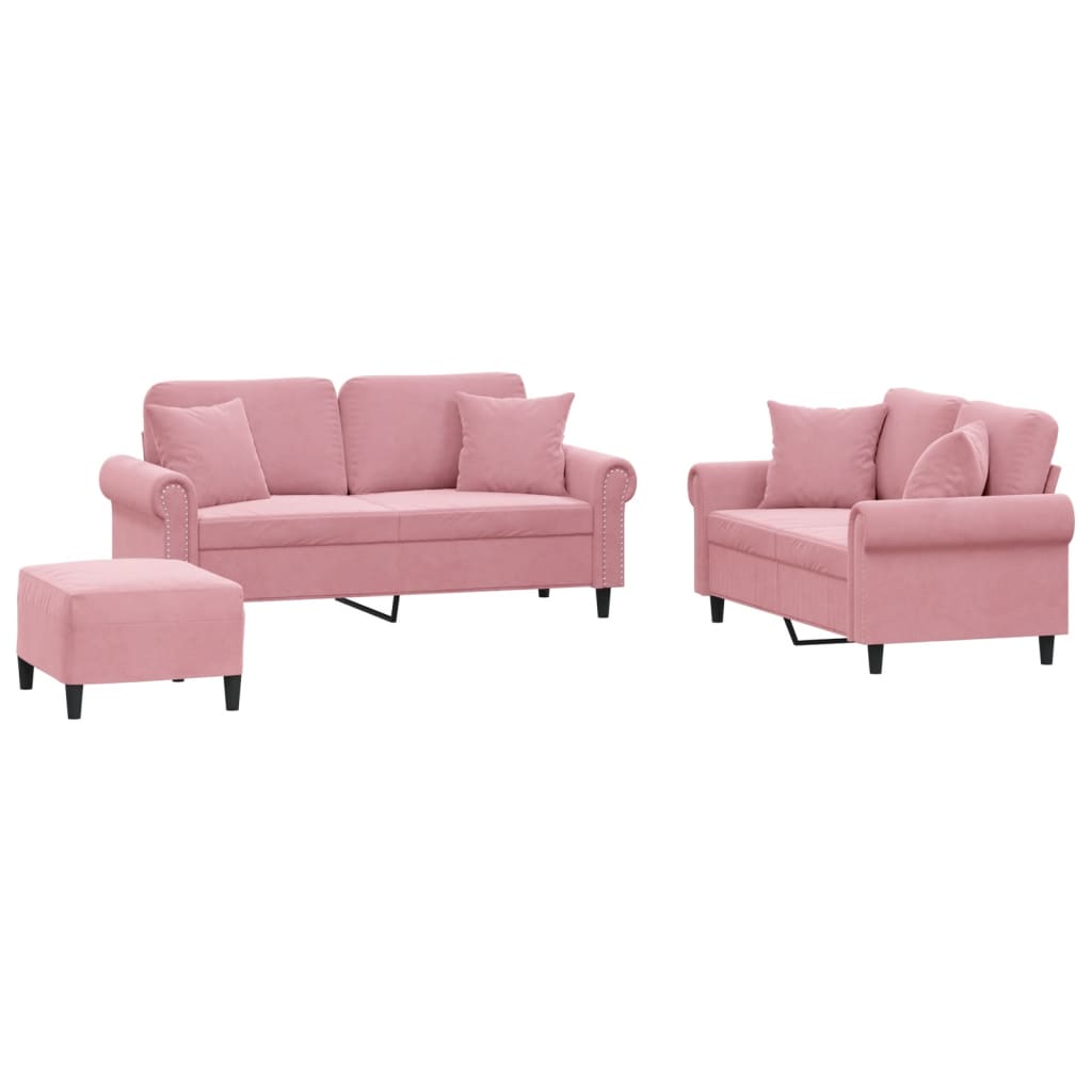 3-tlg. Sofagarnitur mit Kissen Rosa Samt