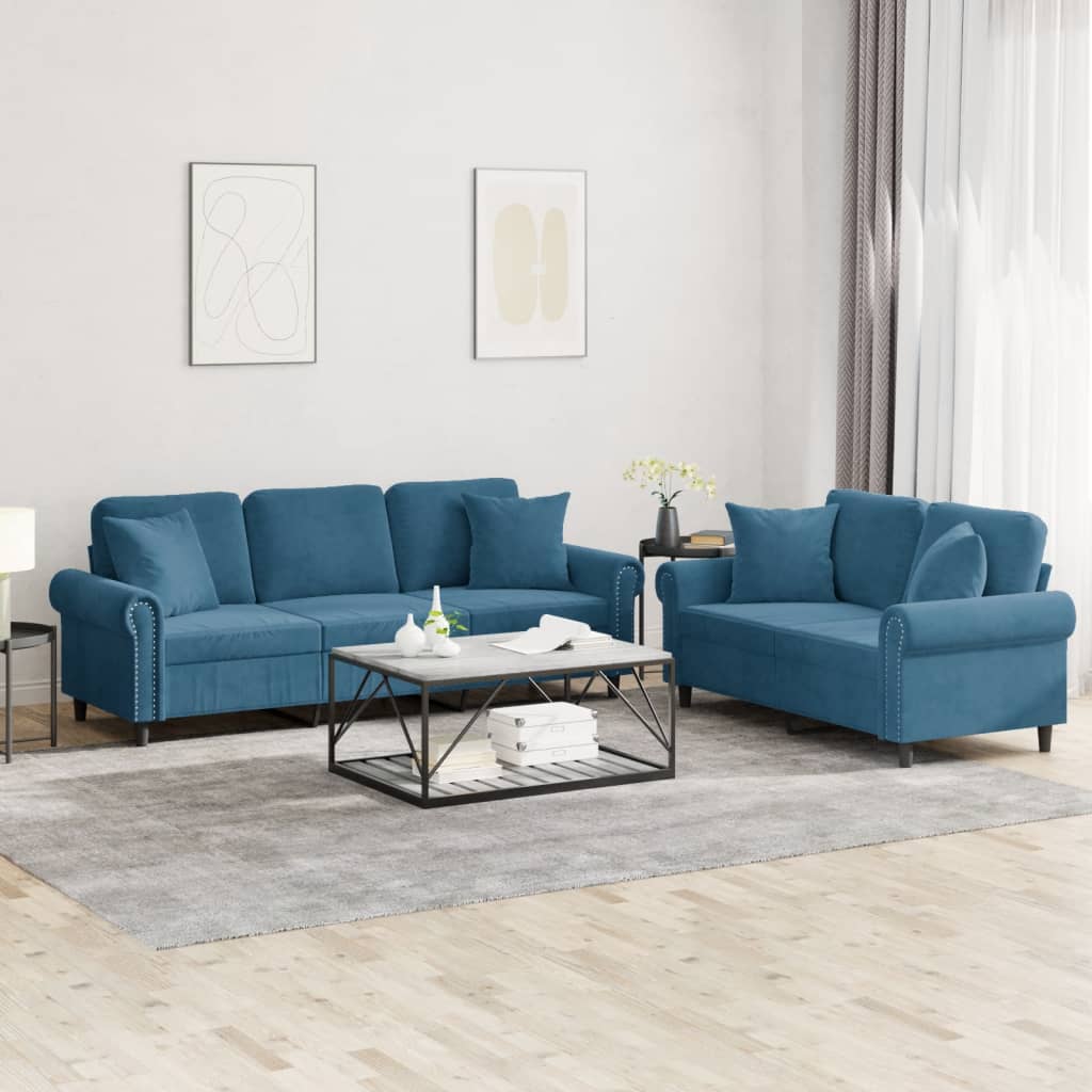 2-tlg. Sofagarnitur mit Kissen Blau Samt