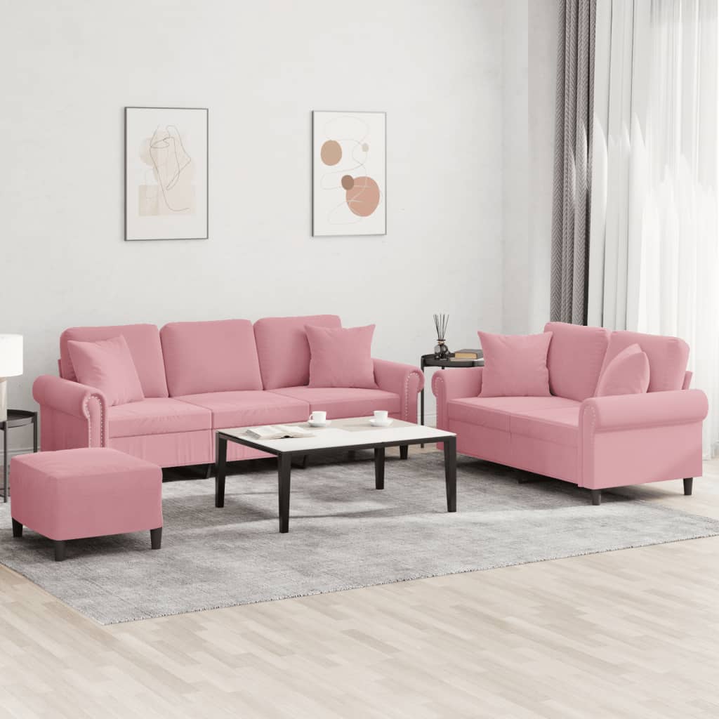 3-tlg. Sofagarnitur mit Kissen Rosa Samt
