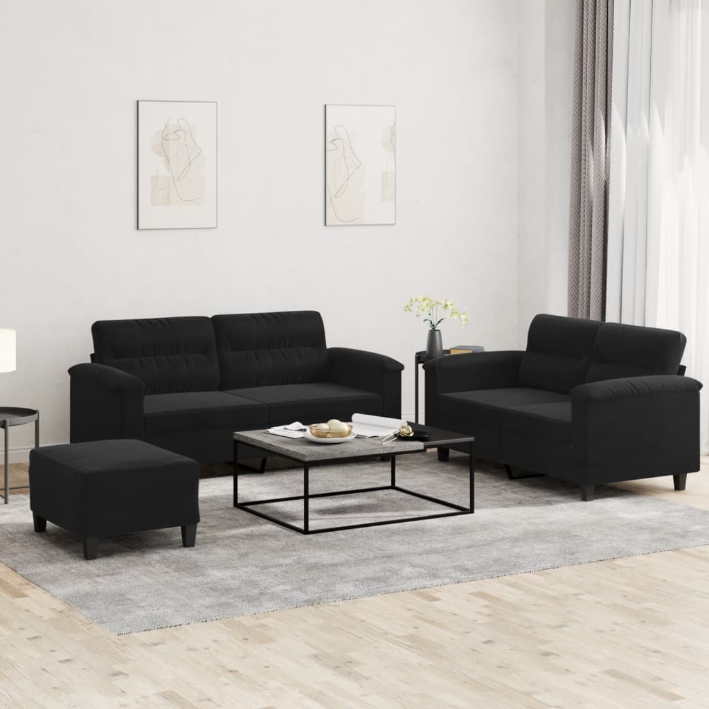 3-tlg. Sofagarnitur mit Kissen Schwarz Mikrofasergewebe
