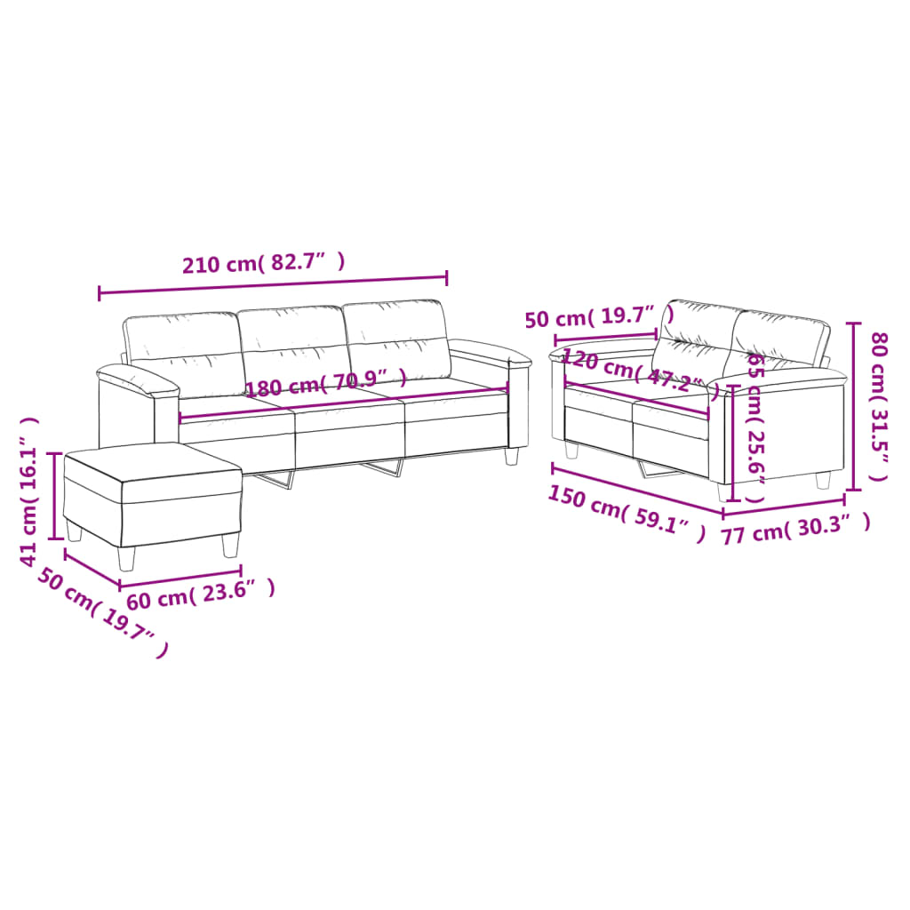 3-tlg. Sofagarnitur mit Kissen Taupe Mikrofasergewebe
