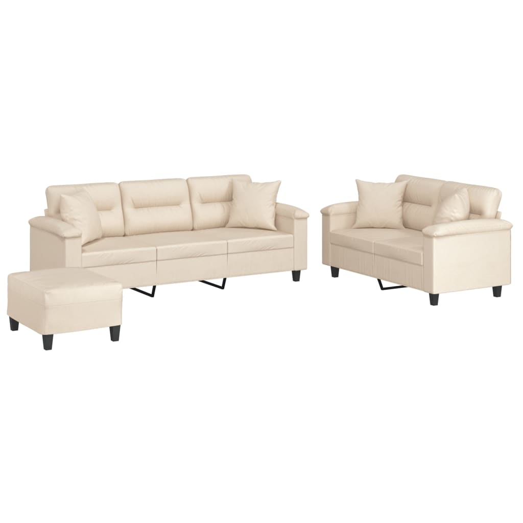 3-tlg. Sofagarnitur mit Kissen Beige Mikrofasergewebe