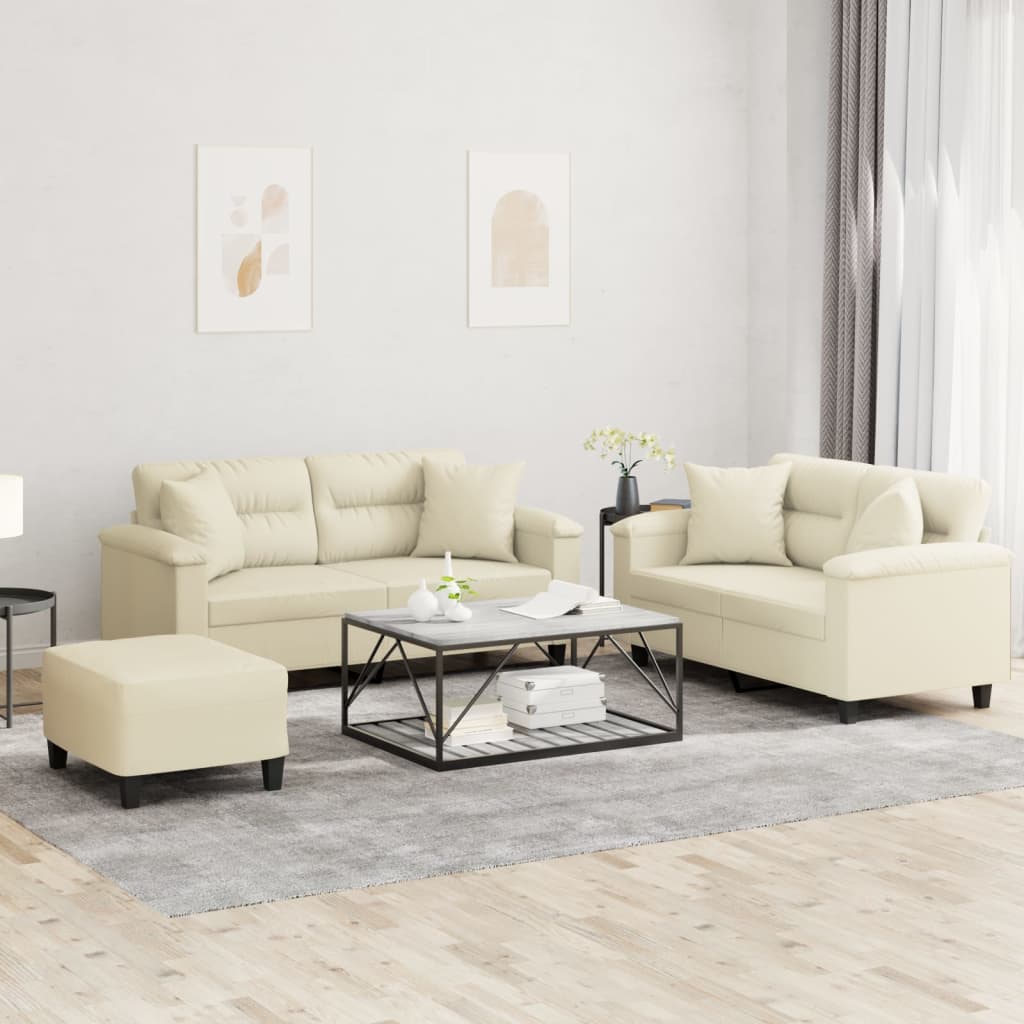 3-tlg. Sofagarnitur mit Kissen Creme Kunstleder