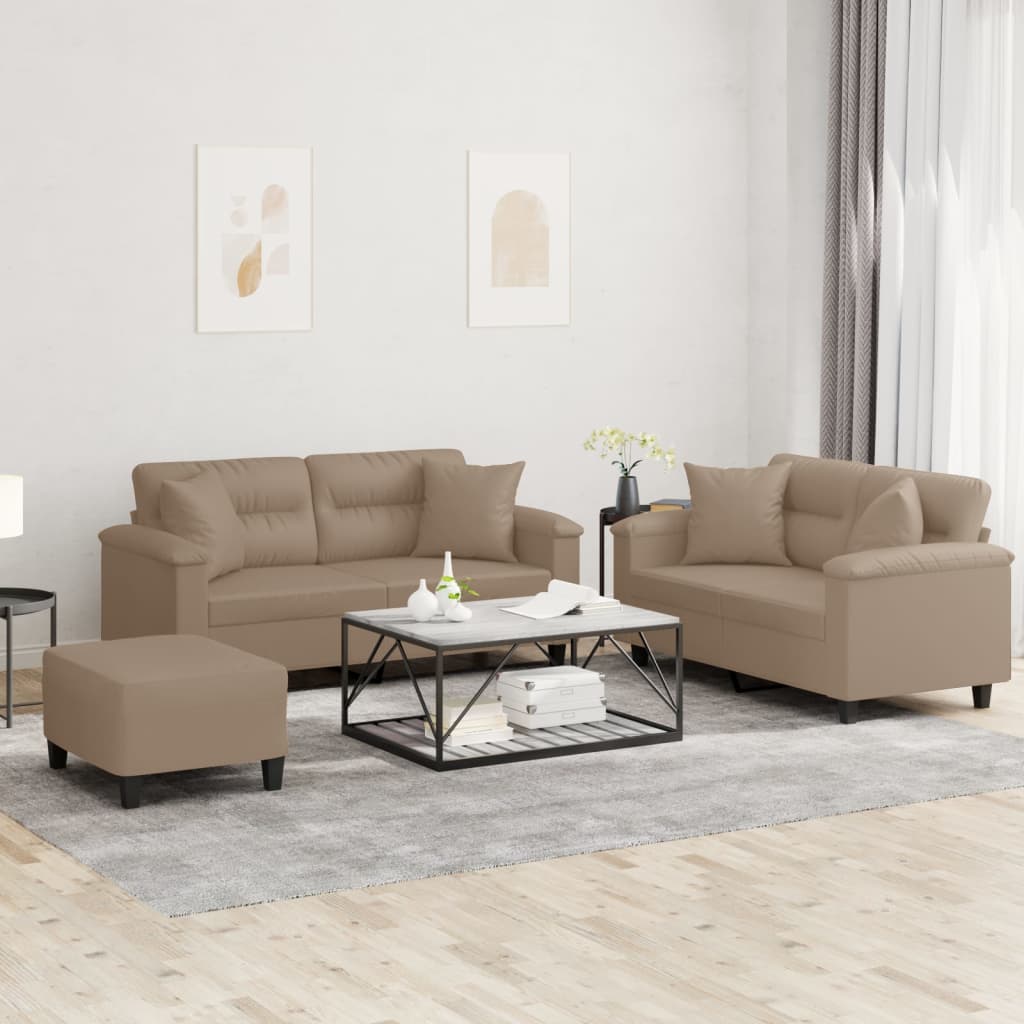 3-tlg. Sofagarnitur mit Kissen Cappuccino-Braun Kunstleder