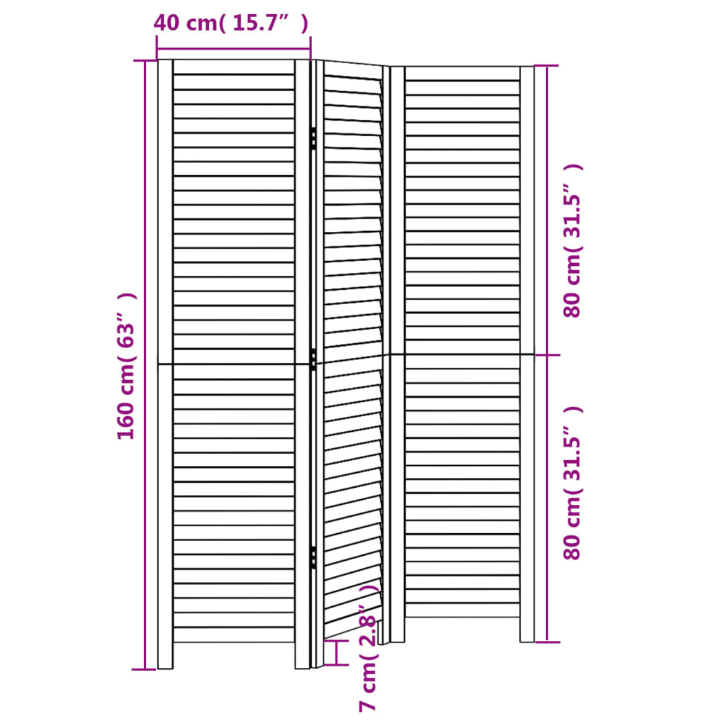 3-tlg. Paravent Schwarz Massivholz Paulownia