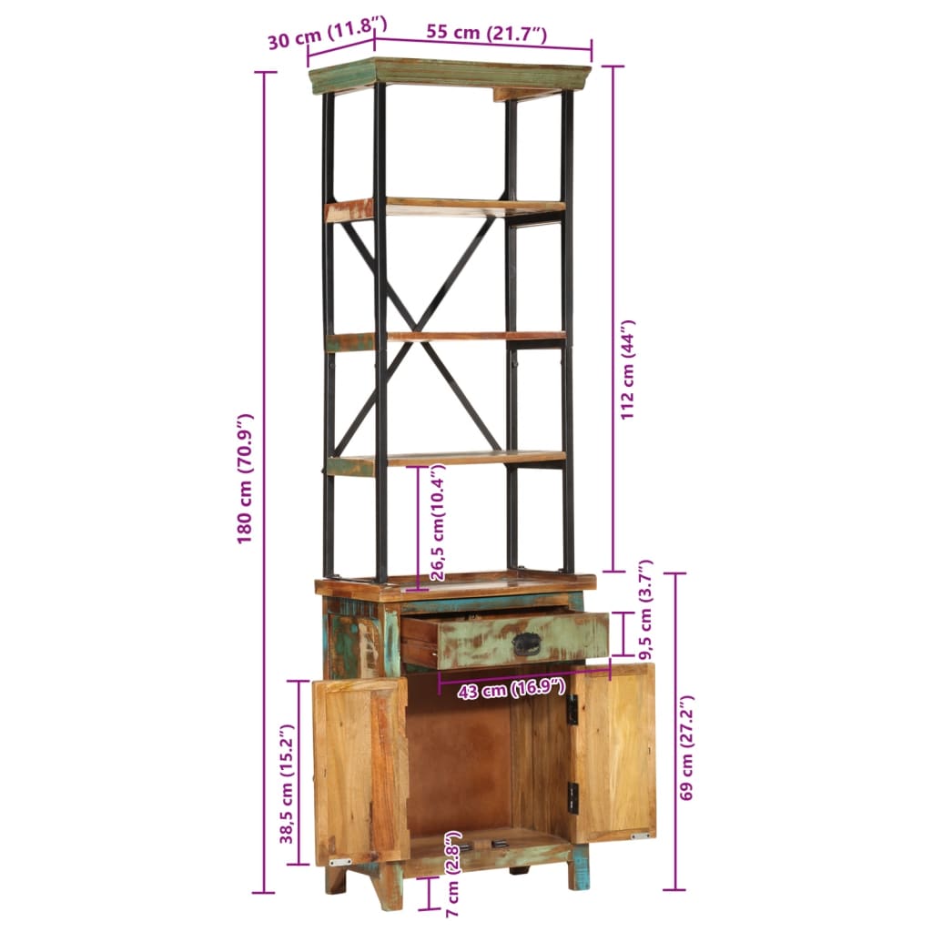 Highboard 55x30x180 cm Altholz Massiv