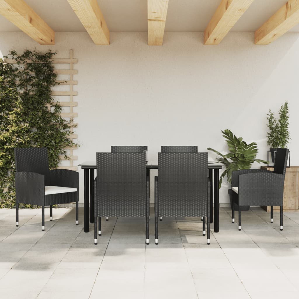 7-tlg. Garten-Essgruppe Schwarz Poly Rattan und Stahl