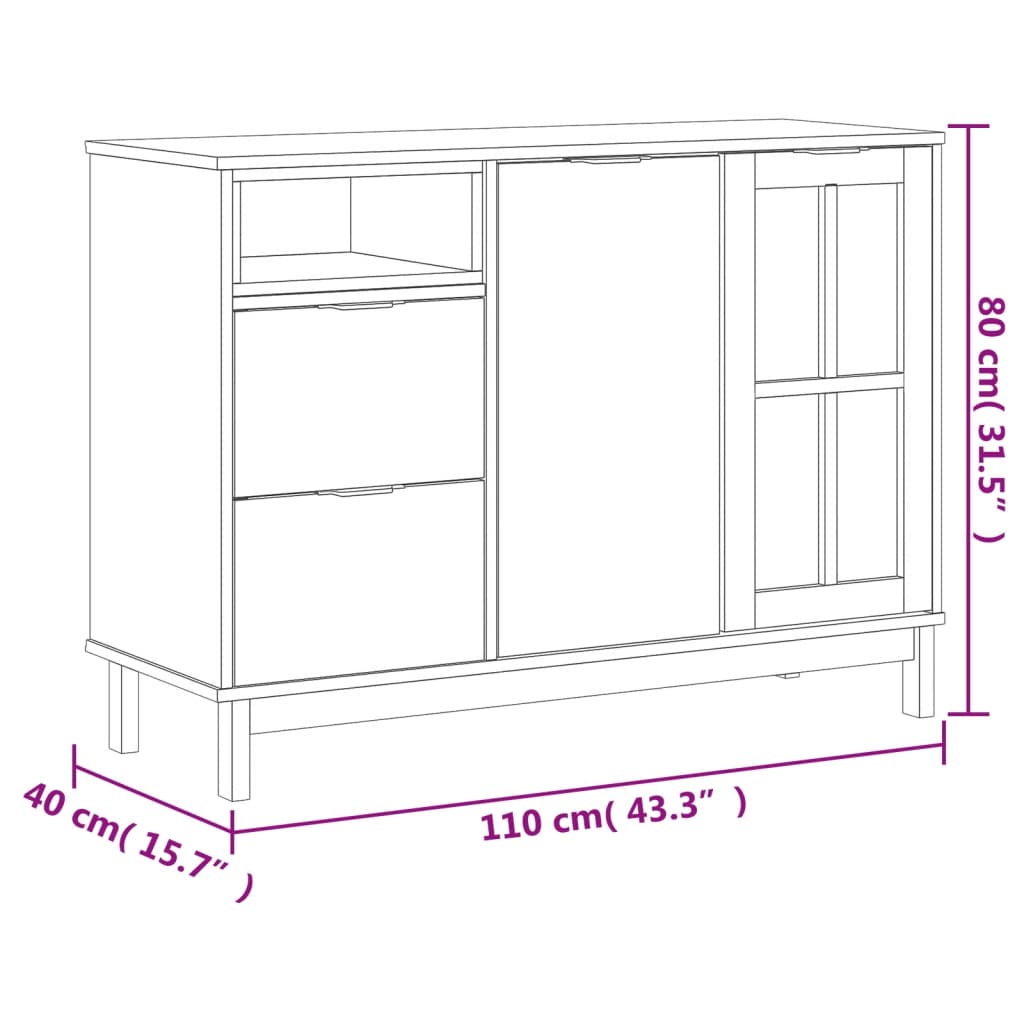 Sideboard mit Glastür FLAM 110x40x80 cm Massivholz Kiefer