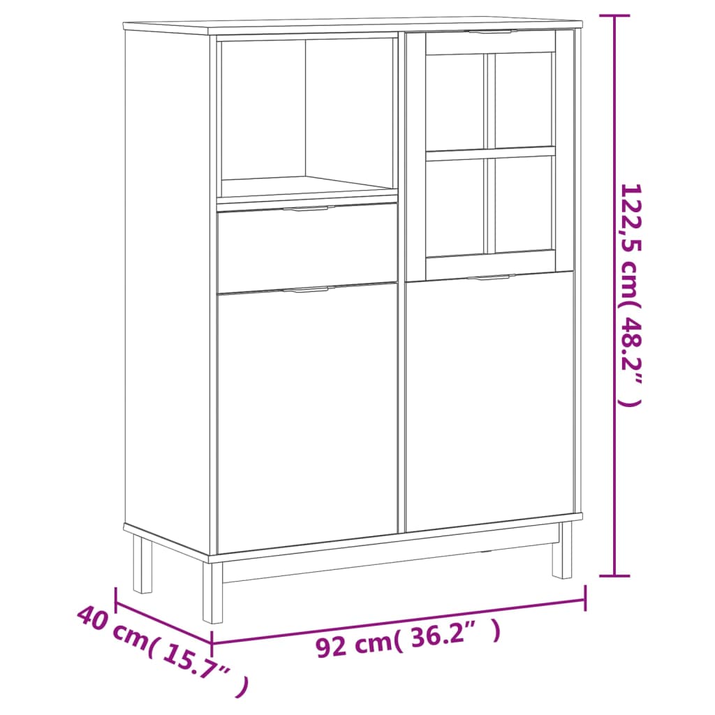 Highboard mit Glastür FLAM 92x40x122,5 cm Massivholz Kiefer