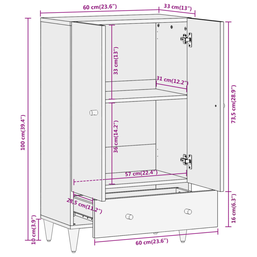 Highboard 60x33x100 cm Massivholz Mango