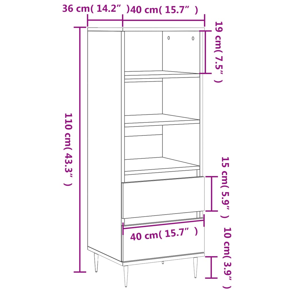 Highboard Weiß 40x36x110 cm Holzwerkstoff