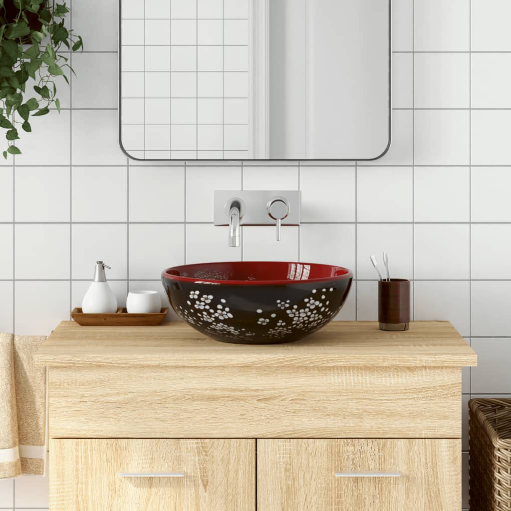 Aufsatzwaschbecken Schwarz und Rot Rund Ø41x14 cm Keramik
