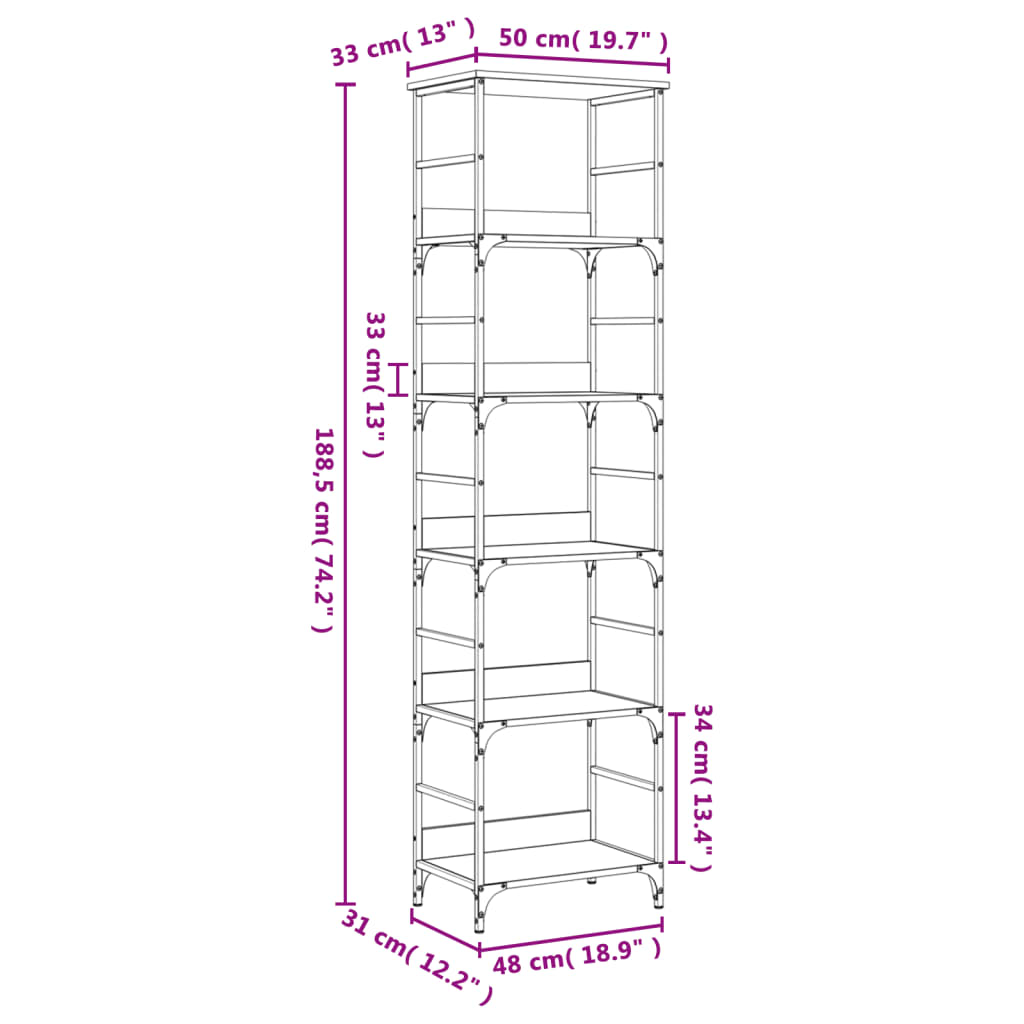 Bücherregal Sonoma-Eiche 50 x 33 x 188,5 cm Holzwerkstoff