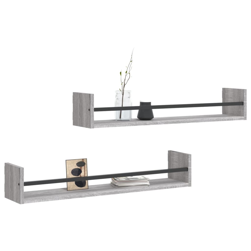 Wandregale mit Stangen 2 Stk. Grau Sonoma 80x16x14 cm