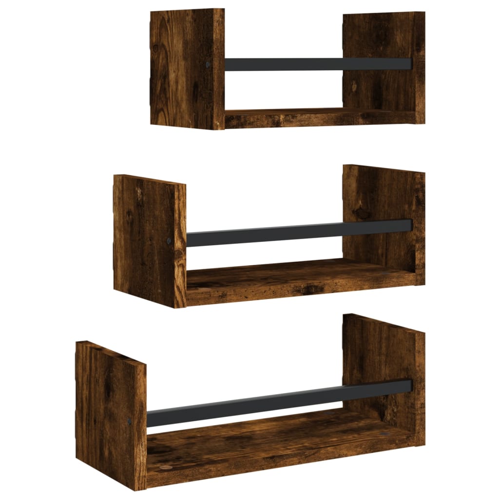 3-tlg. Wandregal-Set mit Stangen Räuchereiche Holzwerkstoff