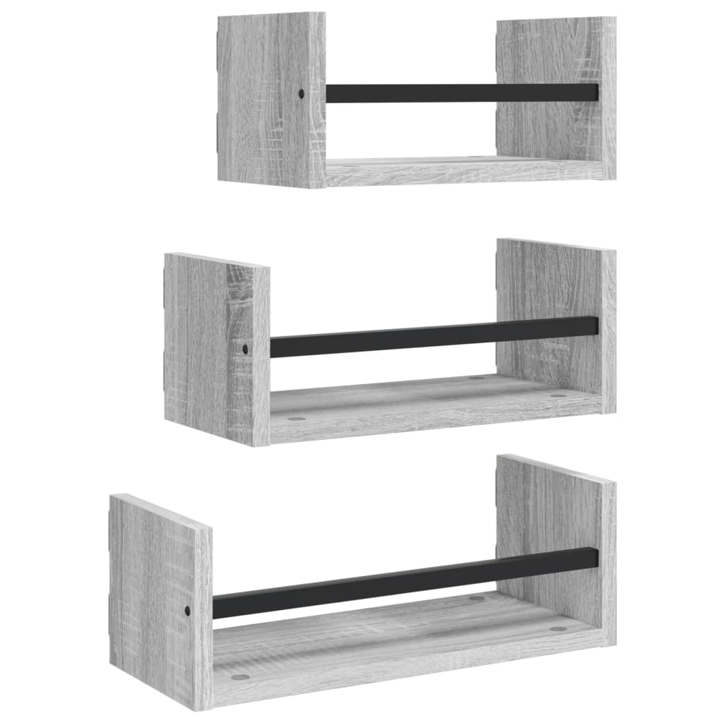3-tlg. Wandregal-Set mit Stangen Grau Sonoma Holzwerkstoff