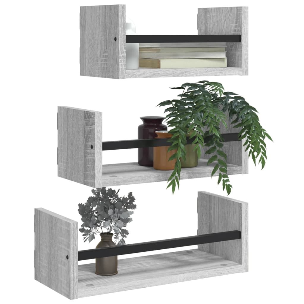 3-tlg. Wandregal-Set mit Stangen Grau Sonoma Holzwerkstoff